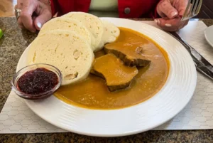 Svíčková, a beef dish with dumplings in Czechia.