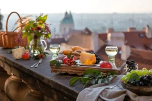 Enjoying a repast with wine in Prague.